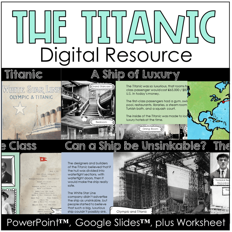 Different PowerPoint and Google slides about the Titanic.
