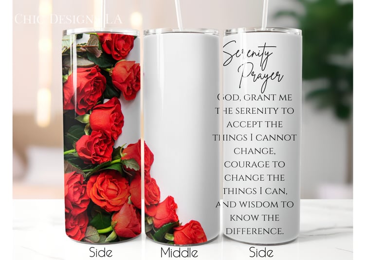 Red rose bouquet print serenity prayer tumbler wrap design