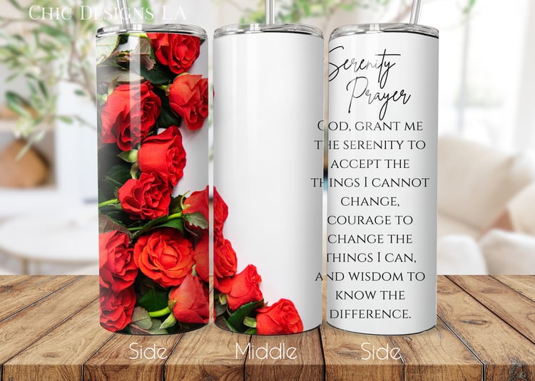 Red rose bouquet print serenity prayer tumbler wrap design