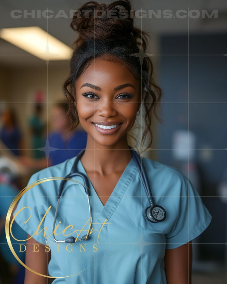 Medical Stock Images: Beautiful African American Woman with Wearing Light Blue Medical Scrubs with Stethoscope