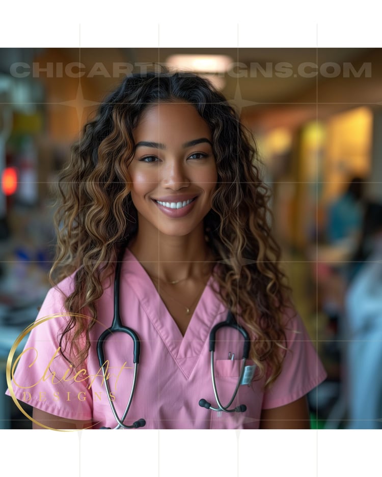 Medical Stock Images: Beautiful Ambiguous Woman with Brown Wavy Hair Wearing Pink Medical Scrubs with Stethoscope