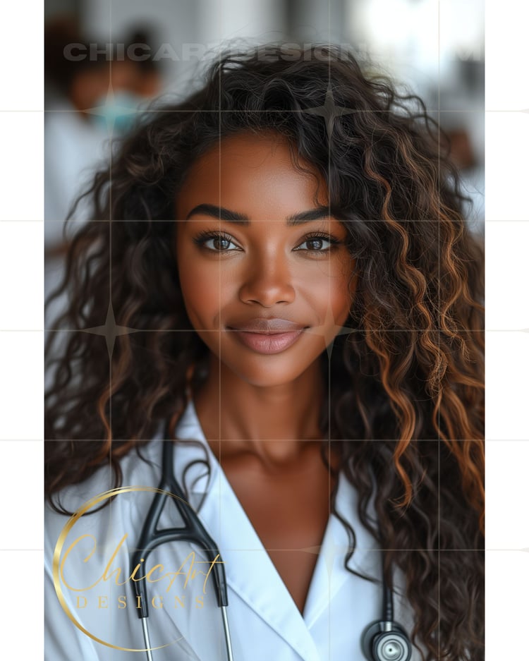 Medical Stock Images: Beautiful African American Woman with Brown Wavy Hair Wearing White Medical Scrubs with Stethoscope