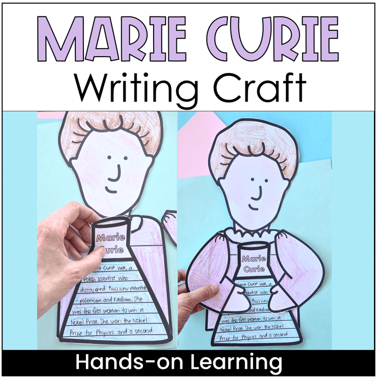 Marie Curie craft holding a flask with writing on it.