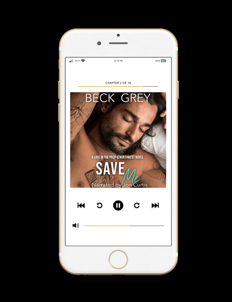 Beck Grey’s Save Me audiobook cover. A Love in the Pacific Northwest Novel. Narrated by Jon Curtis. East-Asian man in his thirties with dark hair, close beard and mustache. Bare chested, art déco tattoos on chest and arms. White background.