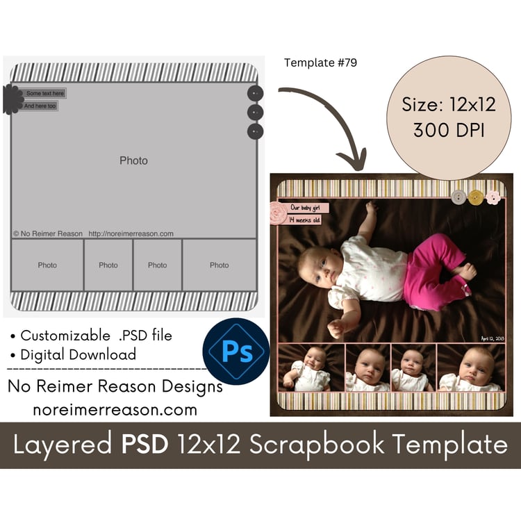 Digital Scrapbook Template for Baby Collage Page Layout