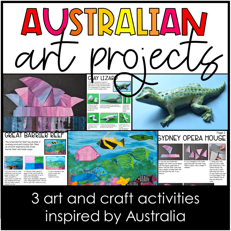 Australian art projects including a clay lizard, a collage of the Sydney Opera House, and a collage of the Great Barrier Reef.