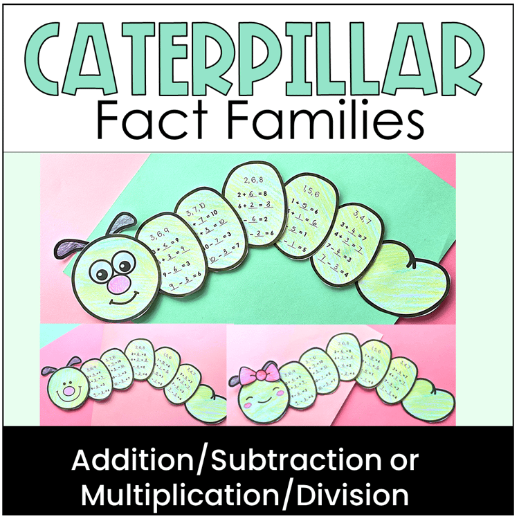 Three caterpillar crafts with fact families on them.