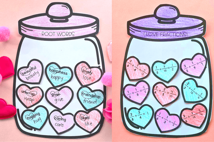 Heart jars with prefixes and suffixes, and adding and subtracting fractions.