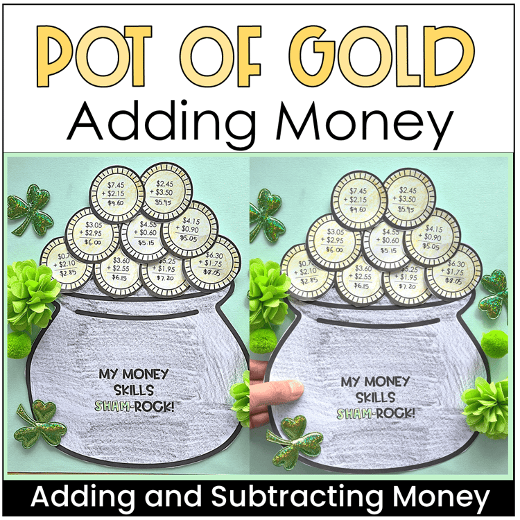 A pot of gold craft with adding and subtracting money problems on the coins.