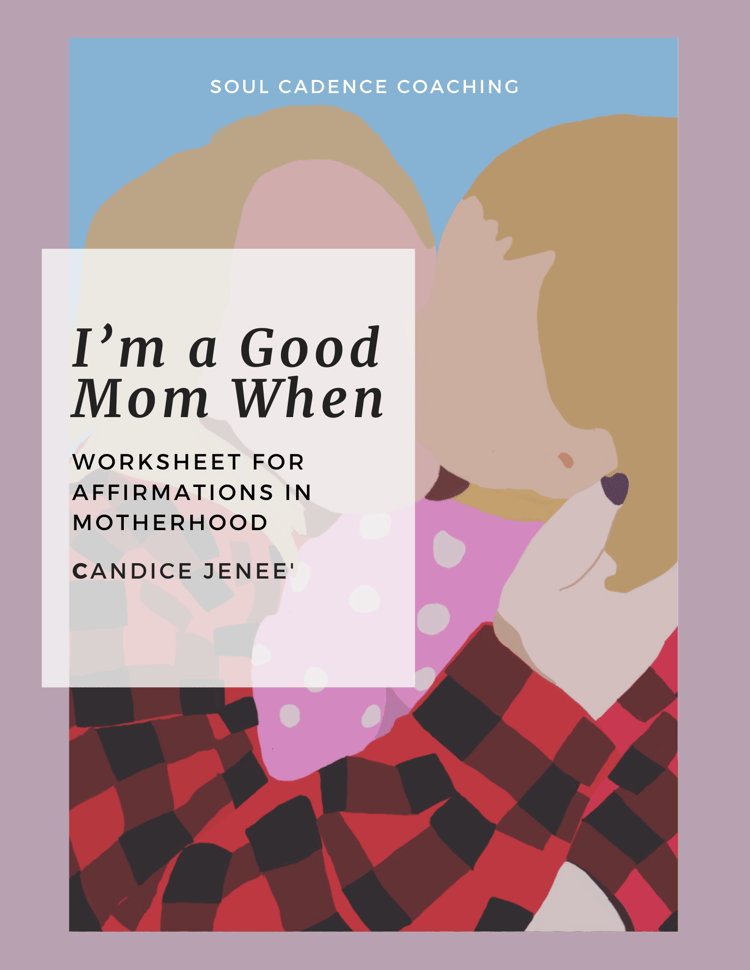 An illustration of a mom holding her daughter with an overlay reading "I'm a Good Mom When" a workbook for affirmations for moms in motherhood. Self-care workbook for moms
