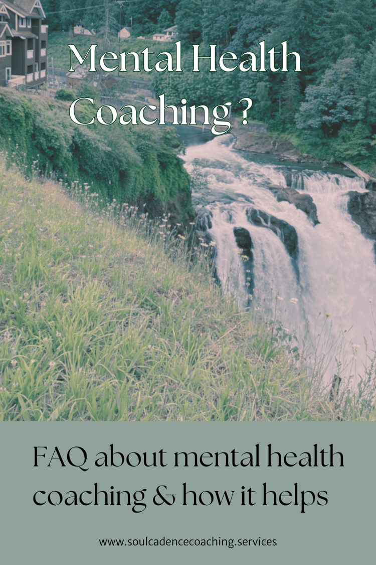 A calming image of a waterfall the image discusses mental health coaching and how it can be helpful. Calm, green color pallette.