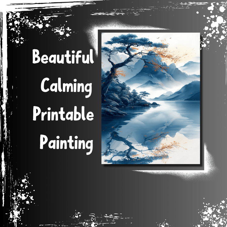 nature painted in oriental style with watercolors in a landscape with mountains in the background and a river in the foreground with a single pine tree above it.