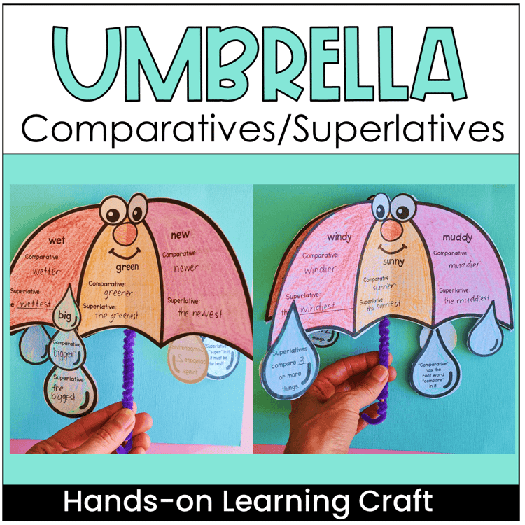 An umbrella craft with comparatives and superlatives on it.