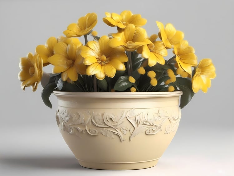 Free photo of flower Pot with yellow flowers on white Gradient Background