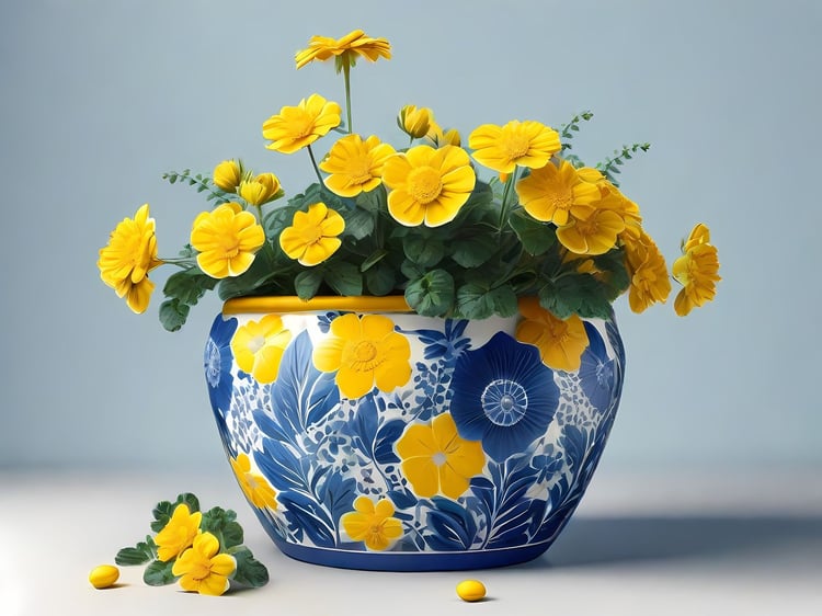 Free photo of flower pot with yellow flowers on white Gradient Background