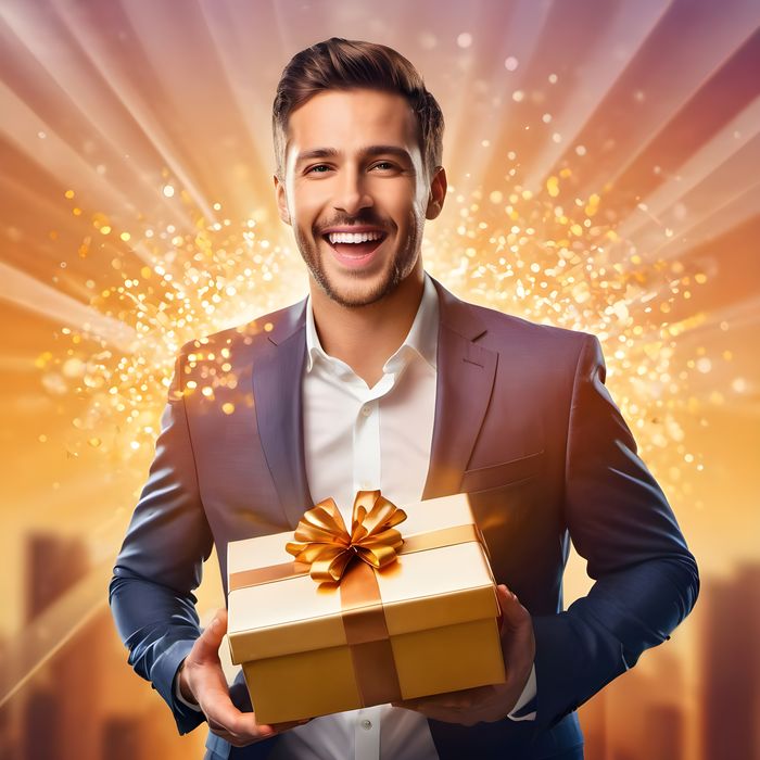 Smiling Happy Young Man In Blazer with gift box with celebration background