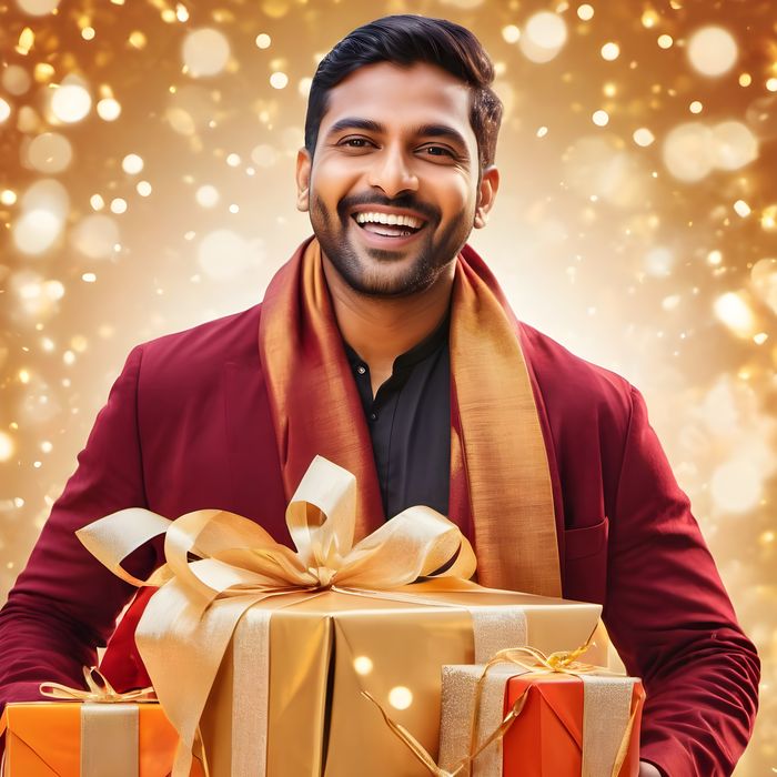 Smiling Happy Indian Young Man in Traditional Wear with gift box on celebration background