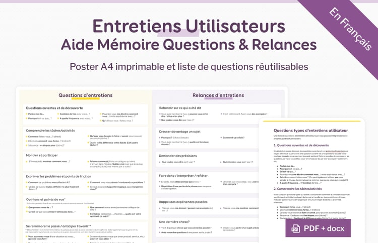 Entretiens utilisateurs: aide mémoire, questions et relances (poster A4 imprimable et liste de questions réutilisables) format PDF et docx