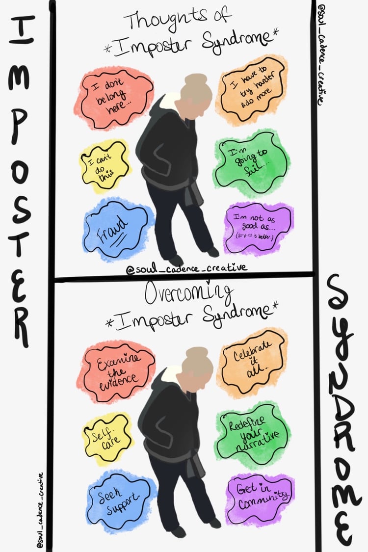 An illustration of a woman with imposter syndrome. Colorful clouds describe what imposter syndrome is like and how to overcome imposter syndrome.