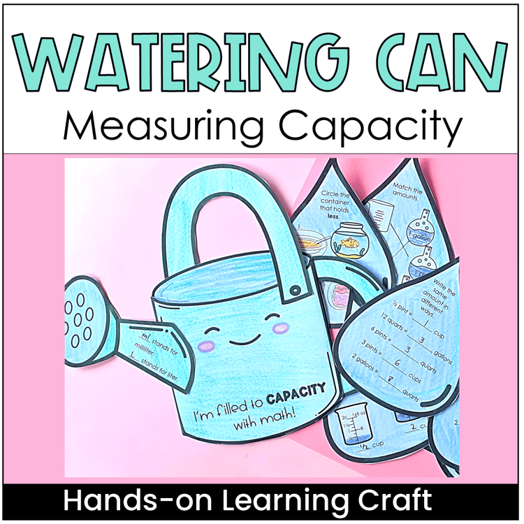 A watering can craft with drops of water with capacity math problems on them.
