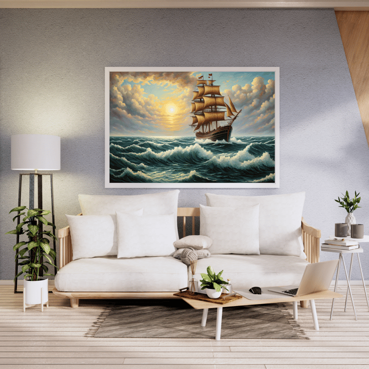 An old sailing ship on a stormy sea.