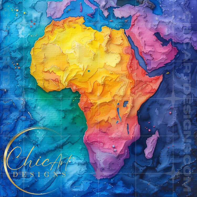 African Continent as a vivid watercolor design, pink and blue