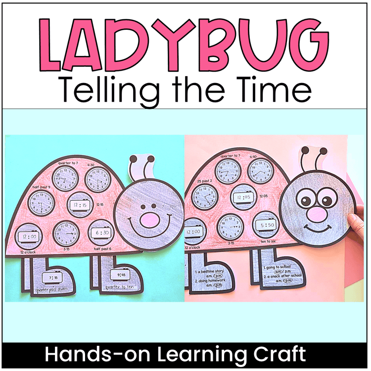 Ladybug crafts with clocks and times on their spots.