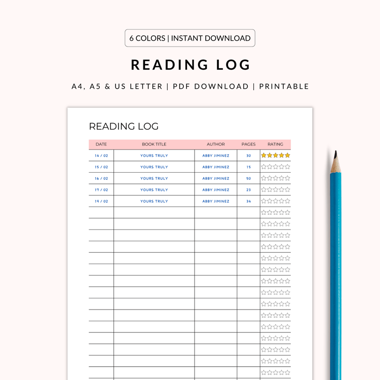Reading log Printable PDF file