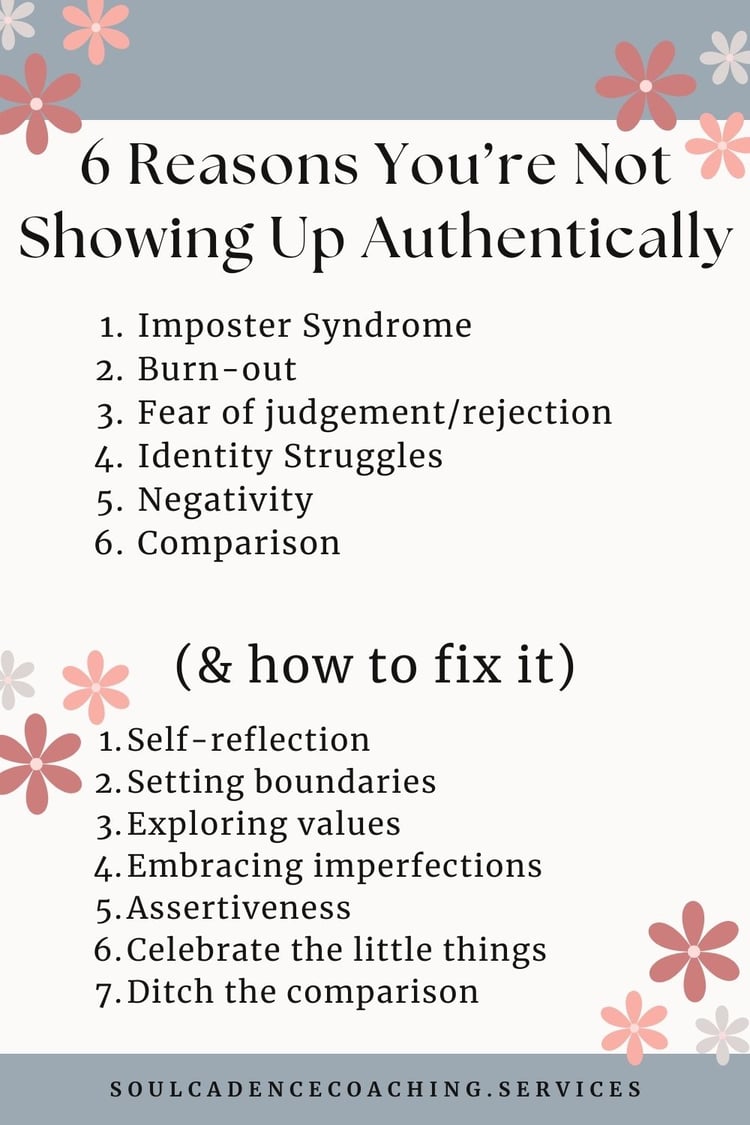 An infographic about "6 reasons you're not showing up authentically and how to fix it".