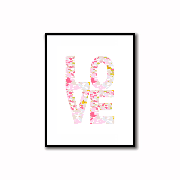 Bright, Colorful and Modern Abstract Printable LOVE Art in Rose Pink, Soft Orchid, Linen, Sunshine Yellow and Bronze Colors. Ideal for wall, desk, and shelf decor.