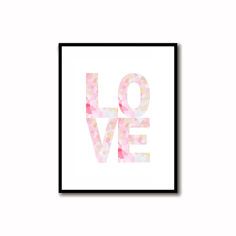 Bright, Colorful and Modern Abstract Printable LOVE Art in Rose Pink, Soft Orchid, Linen, Sunshine Yellow and Bronze Colors. Ideal for wall, desk, and shelf decor.