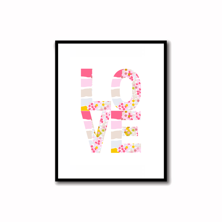 Bright, Colorful and Modern Abstract Printable LOVE Art in Rose Pink, Soft Orchid, Linen, Sunshine Yellow and Bronze Colors. Ideal for wall, desk, and shelf decor.