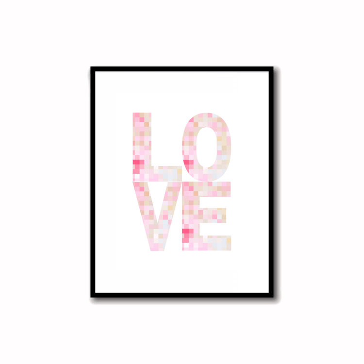 Bright, Colorful and Modern Abstract Printable LOVE Art in Rose Pink, Soft Orchid, Linen, Sunshine Yellow and Bronze Colors. Ideal for wall, desk, and shelf decor.