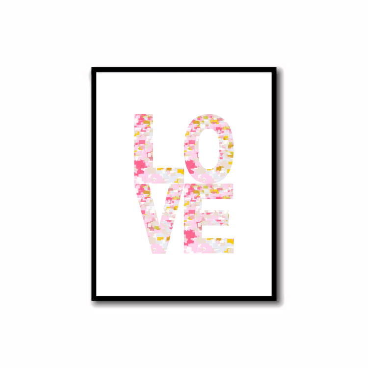 Bright, Colorful and Modern Abstract Printable LOVE Art in Rose Pink, Soft Orchid, Linen, Sunshine Yellow and Bronze Colors. Ideal for wall, desk, and shelf decor.