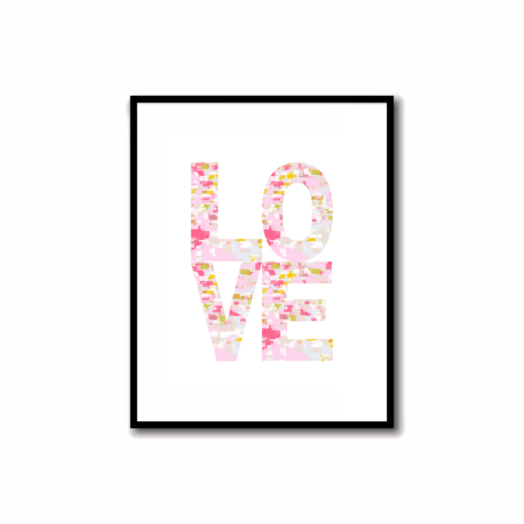 Bright, Colorful and Modern Abstract Printable LOVE Art in Rose Pink, Soft Orchid, Linen, Sunshine Yellow and Bronze Colors. Ideal for wall, desk, and shelf decor.