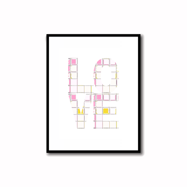 Bright, Colorful and Modern Abstract Printable LOVE Art in Rose Pink and Sunshine Yellow Colors. Ideal for wall, desk, and shelf decor.