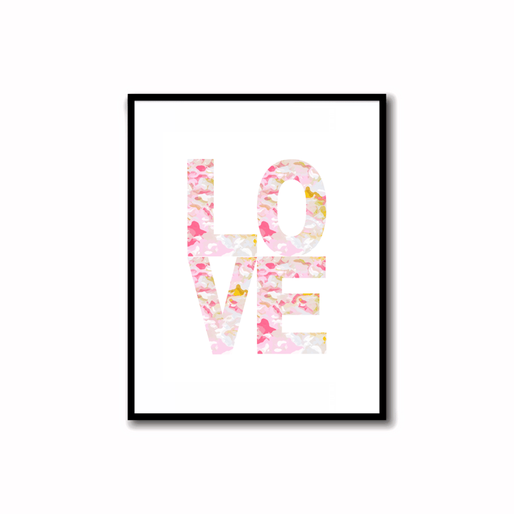 Bright, Colorful and Modern Abstract Printable LOVE Art in Rose Pink, Soft Orchid, Linen, Sunshine Yellow and Bronze Colors. Ideal for wall, desk, and shelf decor.