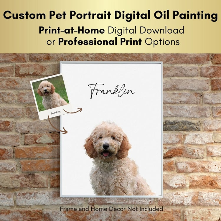 Before and after custom digital oil painting pet portrait for Doodle dog