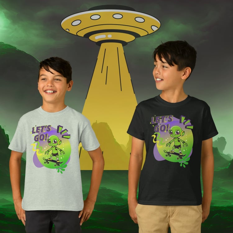 Let's Go Alien on Skateboard boy's T-shirt with alien planet backdrop