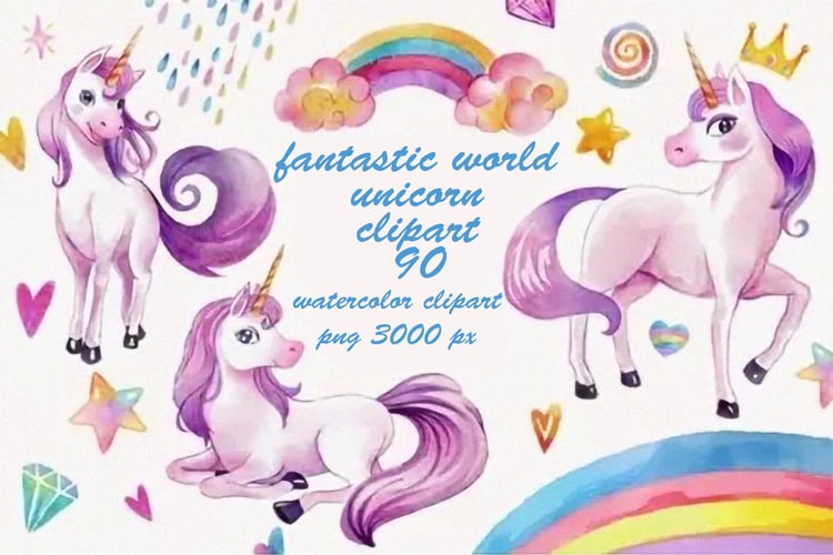 unicorns, watercolor, clipart