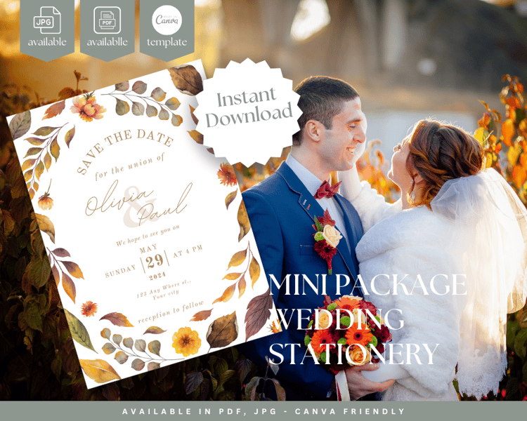Wedding Stationery in Fall Leaves Wedding Theme. A Timeless Wedding Theme perfect for a fall wedding, backyard wedding, and outdoor wedding.