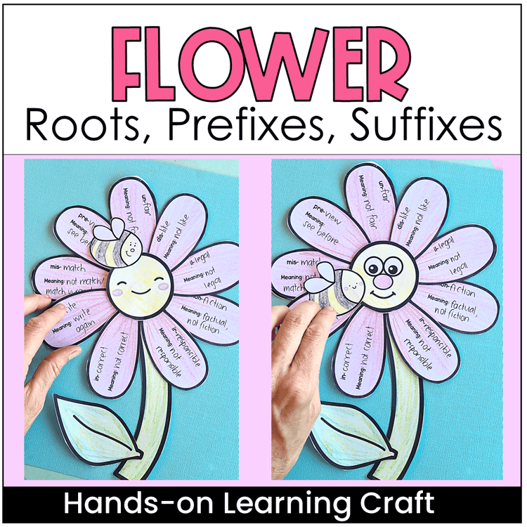 Two spring flower crafts with root words, prefixes, and suffixes on them.