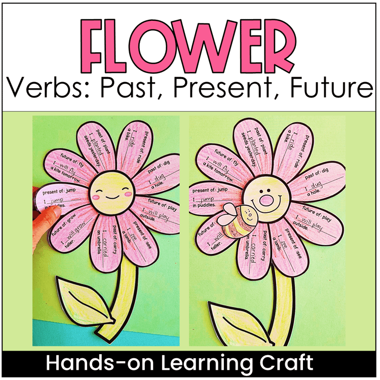 A flower craft with verb tenses of the past, present, and future form of the verbs on the petals.