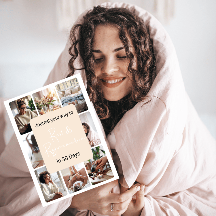 woman wrapped in bedcover smiling with journal cover insert