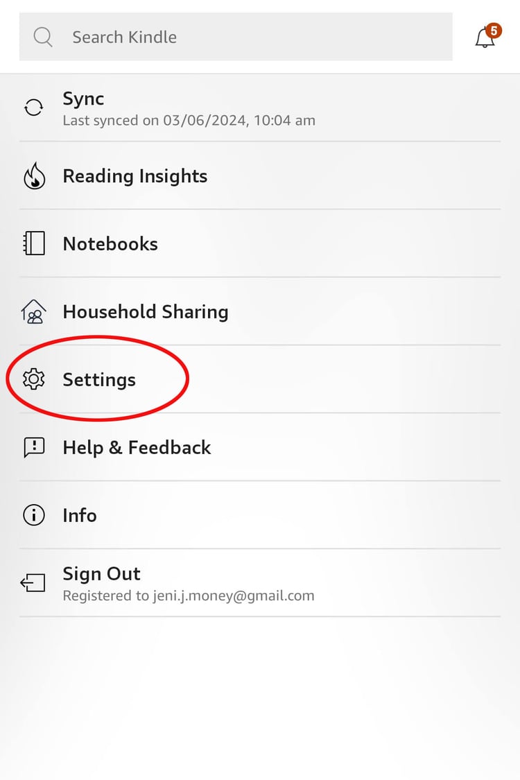 Kindle settings menu