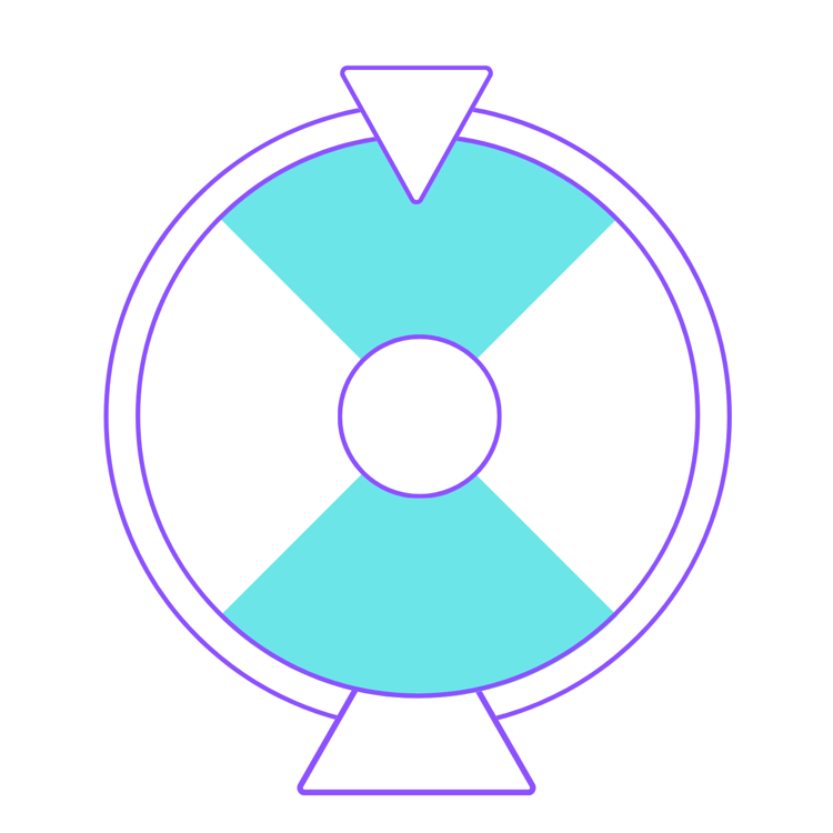 neon teal and white spinning game wheel with purple outline