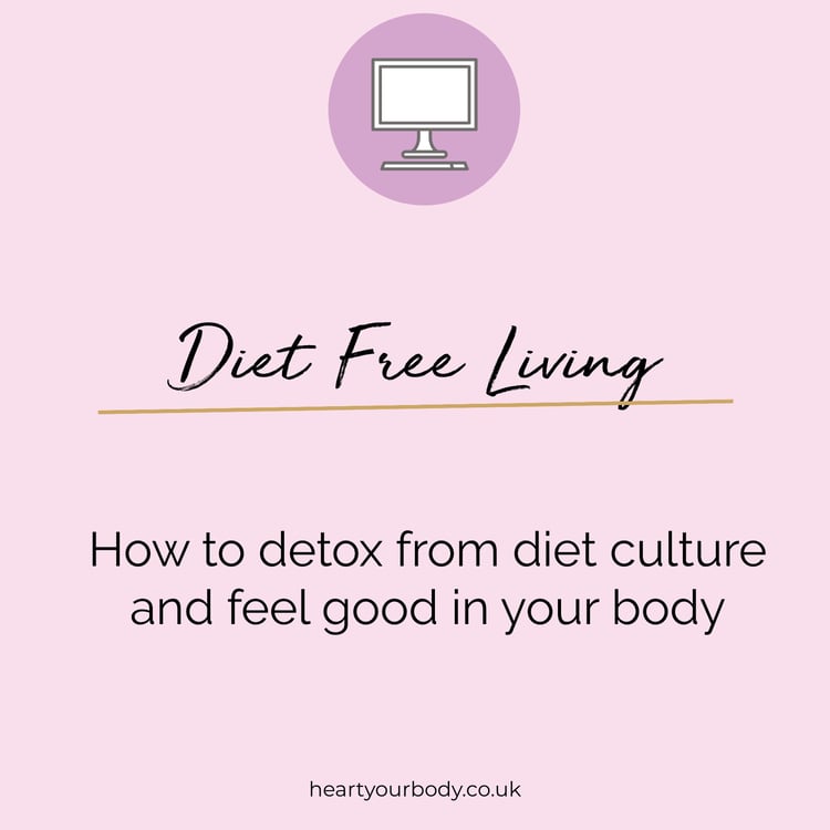 Pink square with the description, "Diet Free Living - How to detox from diet culture and feel good in your body".