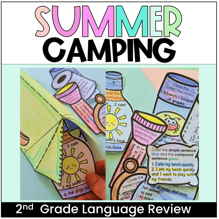 A tent filled with camping items that have second grade grammar questions.