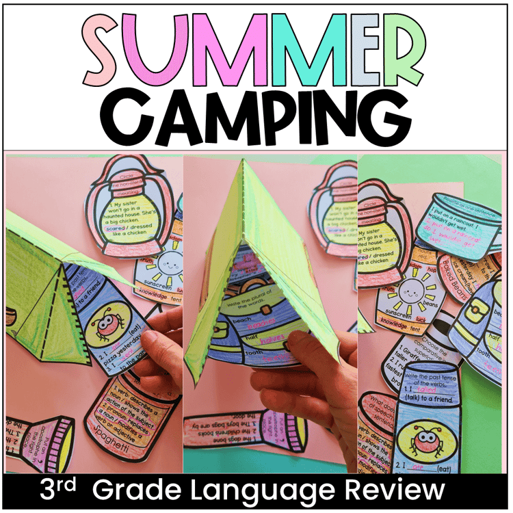 A 3D tent craft filled with camping items that have third grade grammar questions.