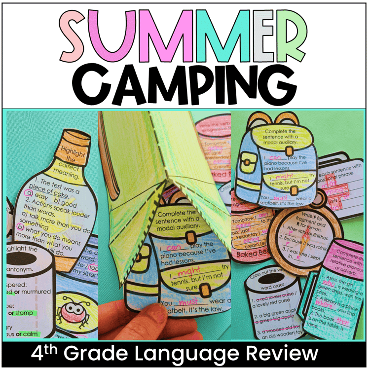 A 3D tent filled with fourth grade grammar review questions.
